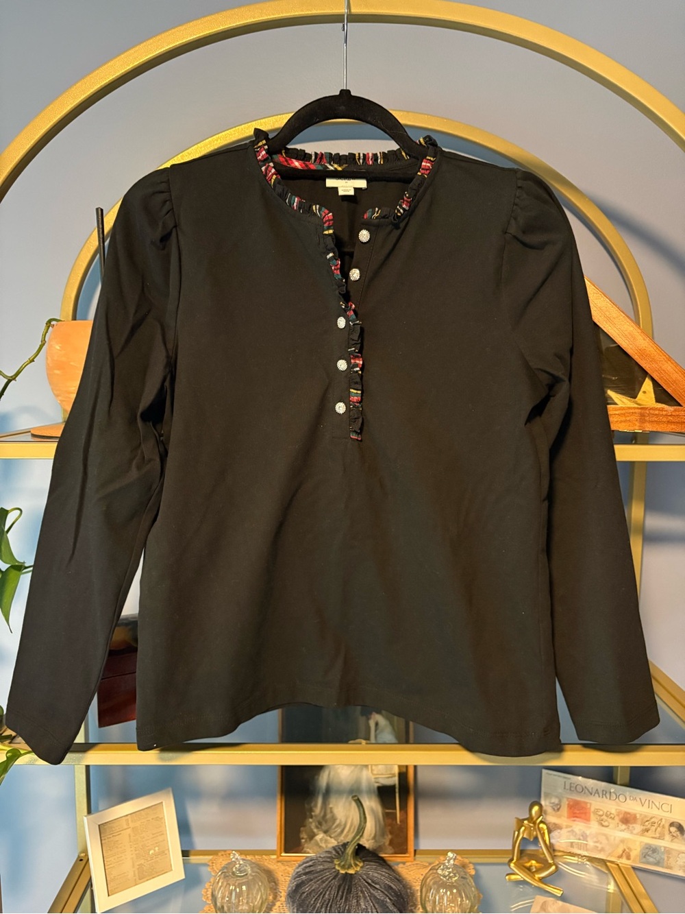 J. Crew Black Long-Sleeve Henley with Plaid Trim